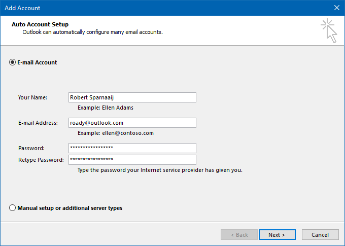 Microsoft account configured in Outlook